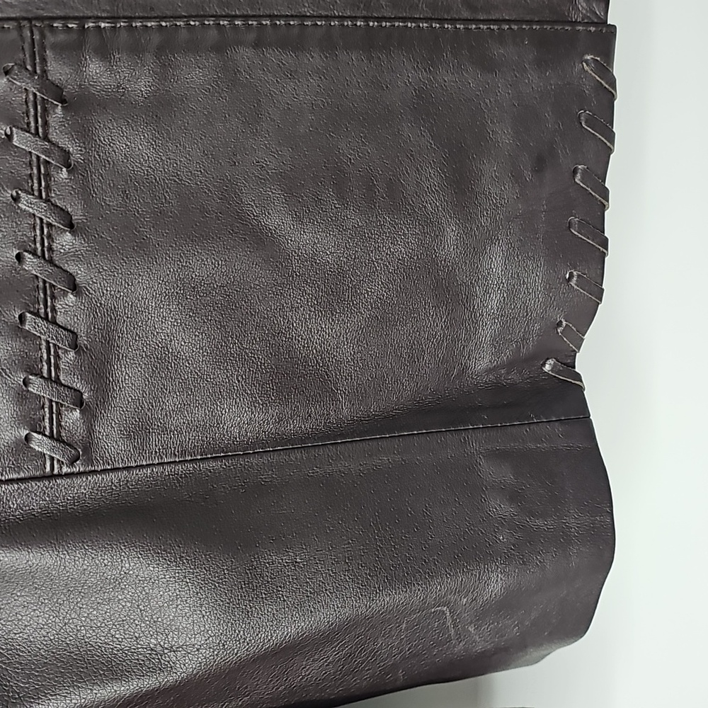 Rich Brown Front Leather Back Sweater Jacket wStitch Design Cozy Office Polished - Picture 9 of 12